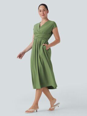 Halara Breezeful Midi Dress Small Wasabi Green V Neck A-Line Pockets NWT